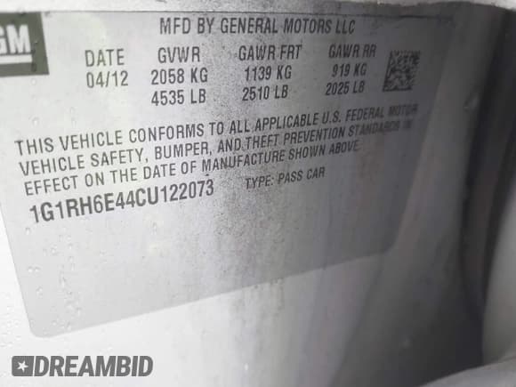 ✅ 2012 Chevrolet Volt • VIN: 1G1RH6E44CU122073 • Lot: 43439580. Listed on IAAI with 223,263 mi. Free auction sales archive from the USA and detailed vehicle history report at DreamBid. Image 9.