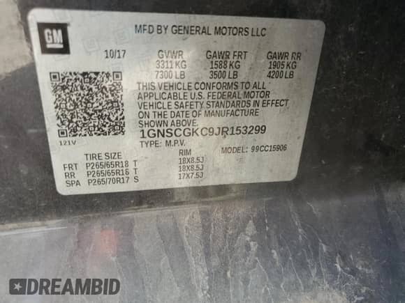 2018 Chevrolet Suburban LS с VIN 1GNSCGKC9JR153299, выставлен на аукционе Copart как лот 84071755 с пробегом 174 503 миль миль и Списание • Salvage title. История ставок и продаж доступна на DreamBid. Изображение 13.