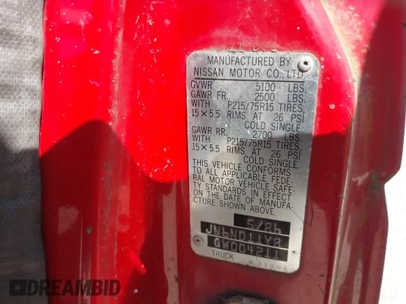 ✅ 1986 Nissan D21 • VIN: JN6ND11Y8GW004211 • Lot: 42088153. Listed on IAAI with 250,104 mi. Free auction sales archive from the USA and detailed vehicle history report at DreamBid. Image 9.