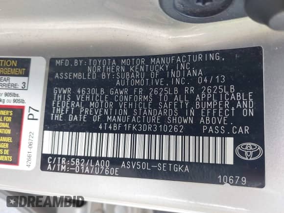 2013 Toyota Camry L with VIN 4T4BF1FK3DR310262, listed as a IAAI auction lot 43173695 with 113,948 mi miles and . Bid and sale history available at DreamBid. Image 9.