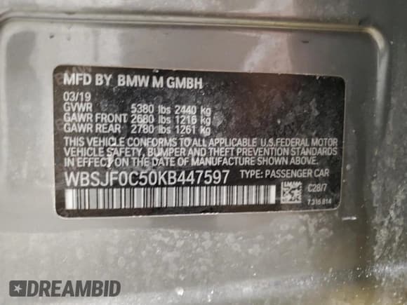 ✅ 2019 BMW M5 • VIN: WBSJF0C50KB447597 • Lot: 45179115. Listed on Copart with 40,600 mi. Free auction sales archive from the USA and detailed vehicle history report at DreamBid. Image 14.