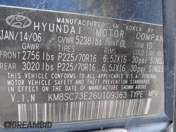2006 Hyundai Santa Fe GLS с VIN KM8SC73E26U109363, выставлен на аукционе IAAI как лот 43517440 с пробегом 123 009 миль миль и . История ставок и продаж доступна на DreamBid. Изображение 9.