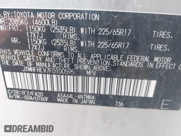 ✅ 2015 Toyota RAV4 XLE • VIN: JTMRFREV7FD100595 • Lot: 43464819. Wystawiony na IAAI z przebiegiem 177 101 mil. Bezpłatny archiwum sprzedaży aukcyjnych z USA i szczegółowy raport historii pojazdu na DreamBid. Zdjęcie 9.