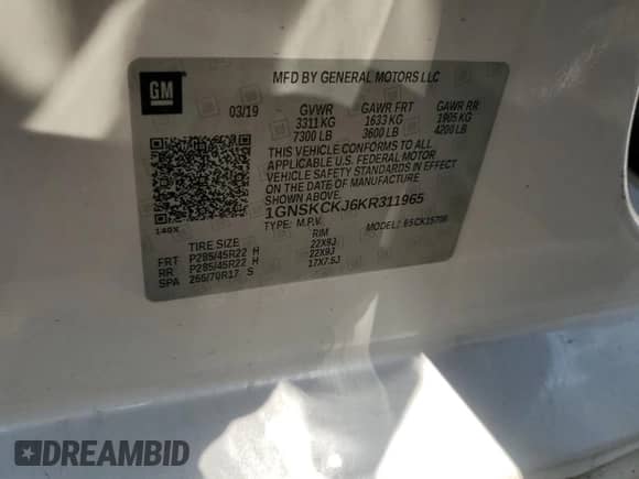 2019 Chevrolet Tahoe Premier с VIN 1GNSKCKJ6KR311965, выставлен на аукционе Copart как лот 52098575 с пробегом 69 544 миль миль и Списание • Salvage title. История ставок и продаж доступна на DreamBid. Изображение 13.