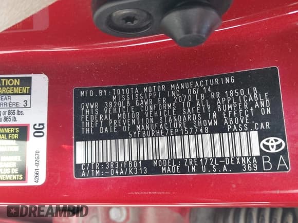 ✅ 2014 Toyota Corolla L • VIN: 5YFBURHE7EP157748 • Lot: 43525987. Listed on IAAI with 155,104 mi. Free auction sales archive from the USA and detailed vehicle history report at DreamBid. Image 9.