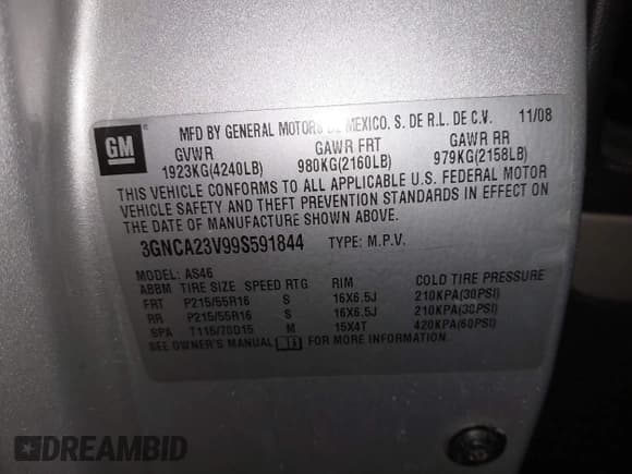 ✅ 2009 Chevrolet HHR 1LT • VIN: 3GNCA23V99S591844 • Lot: 41586878. Listed on IAAI with 116,313 mi. Free auction sales archive from the USA and detailed vehicle history report at DreamBid. Image 9.