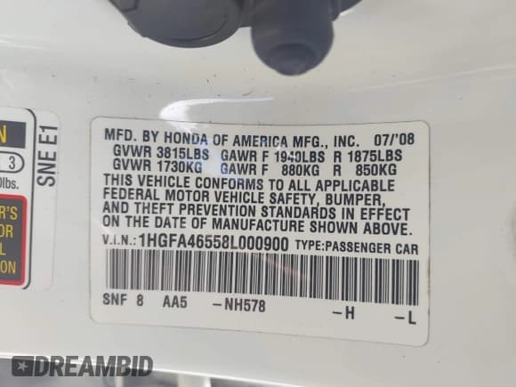 ✅ 2008 Honda Civic GX • VIN: 1HGFA46558L000900 • Lot: 42854719. Listed on IAAI with 117,436 mi. Free auction sales archive from the USA and detailed vehicle history report at DreamBid. Image 9.