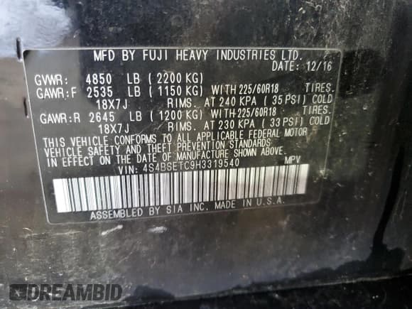 ✅ 2017 Subaru Outback Touring • VIN: 4S4BSETC9H3319540 • Lot: 52864005. Listed on Copart with 114,494 mi. Free auction sales archive from the USA and detailed vehicle history report at DreamBid. Image 13.