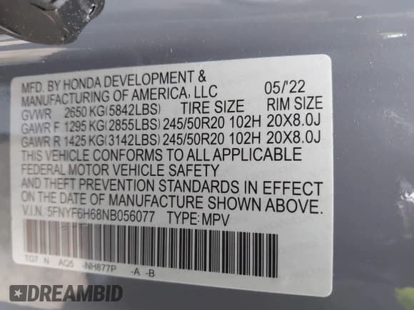 ✅ 2022 Honda Pilot Touring 7-Passenger • VIN: 5FNYF6H68NB056077 • Lot: 42357338. Listed on IAAI with 18,193 mi. Free auction sales archive from the USA and detailed vehicle history report at DreamBid. Image 9.