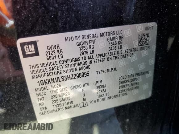 ✅ 2017 GMC Acadia SLT • VIN: 1GKKNVLS3HZ298995 • Lot: 61352775. Listed on Copart with 124,858 mi. Free auction sales archive from the USA and detailed vehicle history report at DreamBid. Image 13.