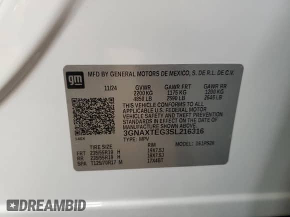 2025 Chevrolet Equinox AWD RS с VIN 3GNAXTEG3SL216316, выставлен на аукционе Copart как лот 57828415 с пробегом 2 737 миль миль и Списание • Salvage title. История ставок и продаж доступна на DreamBid. Изображение 14.