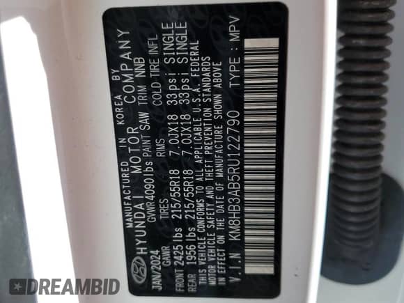 2024 Hyundai Kona SEL with VIN KM8HB3AB5RU122790, listed as a Copart auction lot 41707395 with 8,551 mi miles and Salvage title. Bid and sale history available at DreamBid. Image 13.