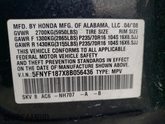 ✅ 2008 Honda Pilot EX-L • VIN: 5FNYF187X8B056436 • Lot: 90542395. Listed on Copart with 195,511 mi. Free auction sales archive from the USA and detailed vehicle history report at DreamBid. Image 12.