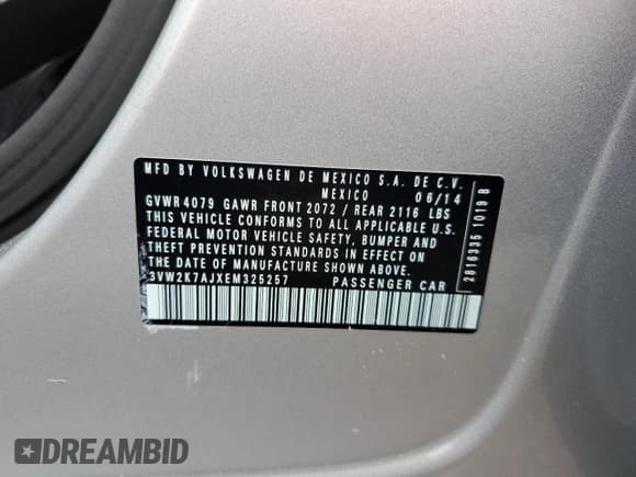 ✅ 2014 Volkswagen Jetta S • VIN: 3VW2K7AJXEM325257 • Lot: 84720455. Listed on Copart with Not provided. Free auction sales archive from the USA and detailed vehicle history report at DreamBid. Image 12.