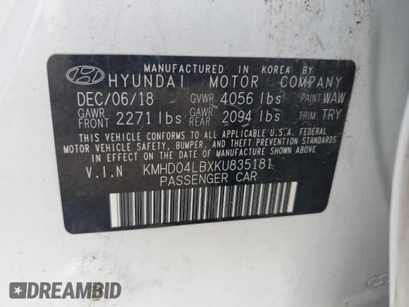 ✅ 2019 Hyundai Elantra Sport • VIN: KMHD04LBXKU835181 • Lot: 66571175. Listed on Copart with 146,830 mi. Free auction sales archive from the USA and detailed vehicle history report at DreamBid. Image 12.