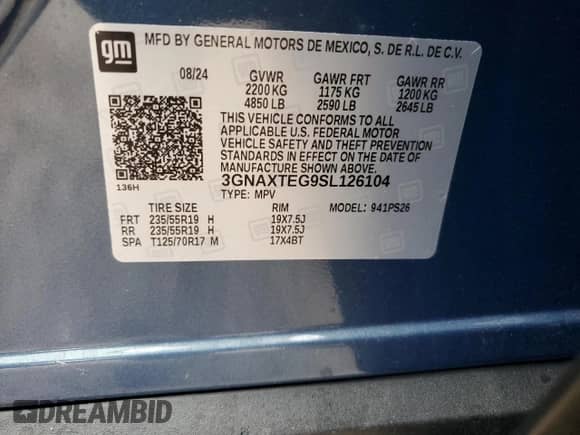 2025 Chevrolet Equinox AWD RS с VIN 3GNAXTEG9SL126104, выставлен на аукционе Copart как лот 43337995 с пробегом 5 348 миль миль и Списание • Salvage title. История ставок и продаж доступна на DreamBid. Изображение 16.