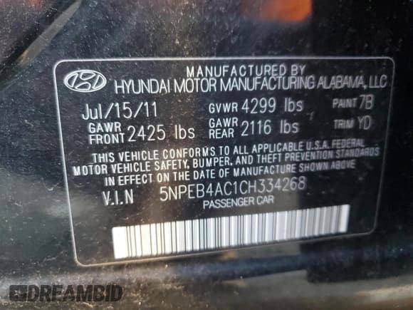 ✅ 2012 Hyundai Sonata GLS • VIN: 5NPEB4AC1CH334268 • Lot: 37942674. Listed on Copart with 182,020 mi. Free auction sales archive from the USA and detailed vehicle history report at DreamBid. Image 12.