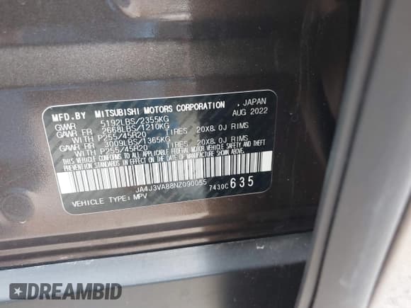 ✅ 2022 Mitsubishi Outlander SEL • VIN: JA4J3VA88NZ090055 • Lot: 42139179. Listed on IAAI with 45,970 mi. Free auction sales archive from the USA and detailed vehicle history report at DreamBid. Image 9.