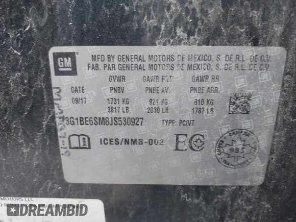 ✅ 2018 Chevrolet Cruze LT • VIN: 3G1BE6SM8JS530927 • Lot: 43137779. Listed on IAAI with 155,527 mi. Free auction sales archive from the USA and detailed vehicle history report at DreamBid. Image 9.