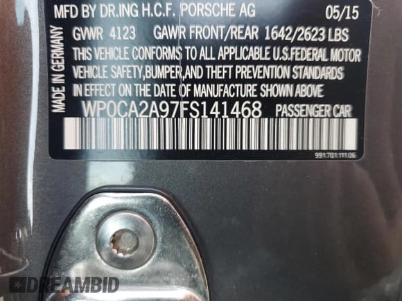 ✅ 2015 Porsche 911 Carrera • VIN: WP0CA2A97FS141468 • Lot: 58949374. Listed on Copart with 40,741 mi. Free auction sales archive from the USA and detailed vehicle history report at DreamBid. Image 14.