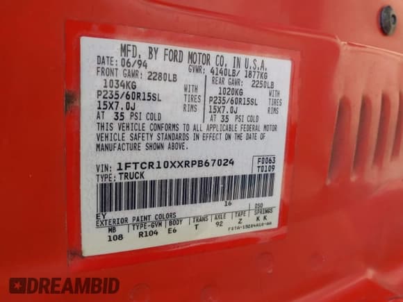 ✅ 1994 Ford Ranger XLT • VIN: 1FTCR10XXRPB67024 • Lot: 42687100. Listed on IAAI with 225,947 mi. Free auction sales archive from the USA and detailed vehicle history report at DreamBid. Image 9.