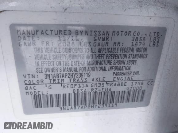 ✅ 2017 Nissan Sentra S • VIN: 3N1AB7AP2HY239119 • Lot: 41337429. Listed on IAAI with 68,792 mi. Free auction sales archive from the USA and detailed vehicle history report at DreamBid. Image 9.