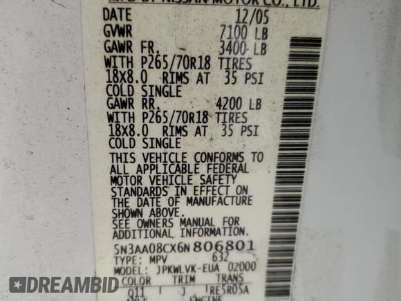 ✅ 2006 Infiniti QX56 • VIN: 5N3AA08CX6N806801 • Lot: 83786015. Listed on Copart with Not provided. Free auction sales archive from the USA and detailed vehicle history report at DreamBid. Image 13.