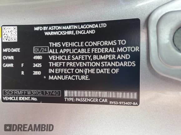 ✅ 2024 Aston Martin DB12 • VIN: SCFRMFFW3RGL13740 • Лот: 82124475. Опубликован ранее на Copart с пробегом Не указан. Бесплатный доступ к архиву аукционных продаж из США и подробный отчёт об истории автомобиля на DreamBid. Изображение 12.