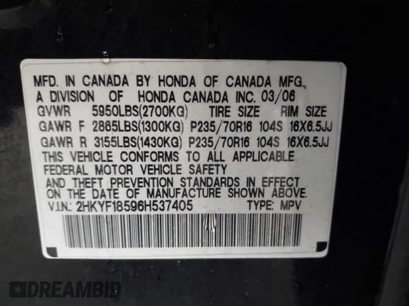 ✅ 2006 Honda Pilot EX-L • VIN: 2HKYF18596H537405 • Lot: 43632353. Wystawiony na IAAI z przebiegiem 173 943 mil. Bezpłatny archiwum sprzedaży aukcyjnych z USA i szczegółowy raport historii pojazdu na DreamBid. Zdjęcie 9.