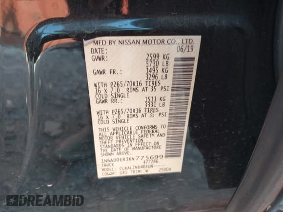 ✅ 2019 Nissan Frontier SL • VIN: 1N6AD0ER3KN775699 • Lot: 43185797. Listed on IAAI with 59,598 mi. Free auction sales archive from the USA and detailed vehicle history report at DreamBid. Image 9.