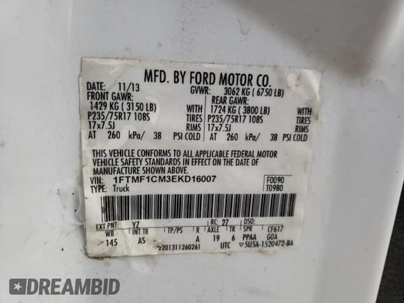 ✅ 2014 Ford F-150 XL • VIN: 1FTMF1CM3EKD16007 • Lot: 82383735. Listed on Copart with 291,138 mi. Free auction sales archive from the USA and detailed vehicle history report at DreamBid. Image 12.