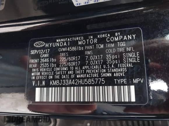 2017 Hyundai Tucson SE z VIN KM8J33A42HU585775, wystawiony jako IAAI lot #43521465 z przebiegiem 125 000 mil mil oraz . Historia ofert i sprzedaży dostępna na DreamBid. Obrazek 9.