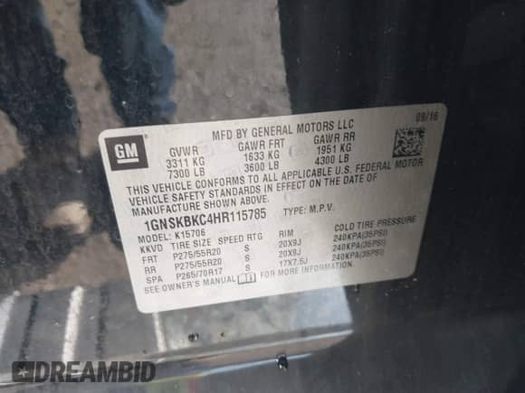 2017 Chevrolet Tahoe LT z VIN 1GNSKBKC4HR115785, wystawiony jako IAAI lot #43473656 z przebiegiem 160 271 mil mil oraz . Historia ofert i sprzedaży dostępna na DreamBid. Obrazek 9.