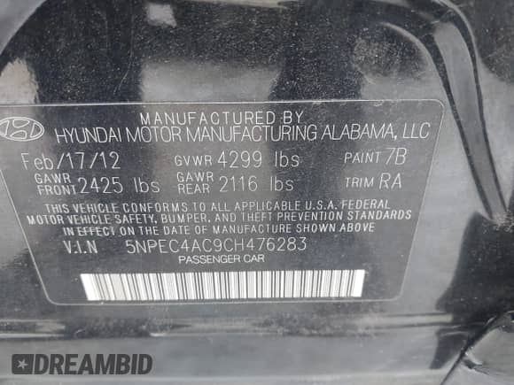 2012 Hyundai Sonata SE with VIN 5NPEC4AC9CH476283, listed as a IAAI auction lot 41354339 with 121,898 mi miles and . Bid and sale history available at DreamBid. Image 9.