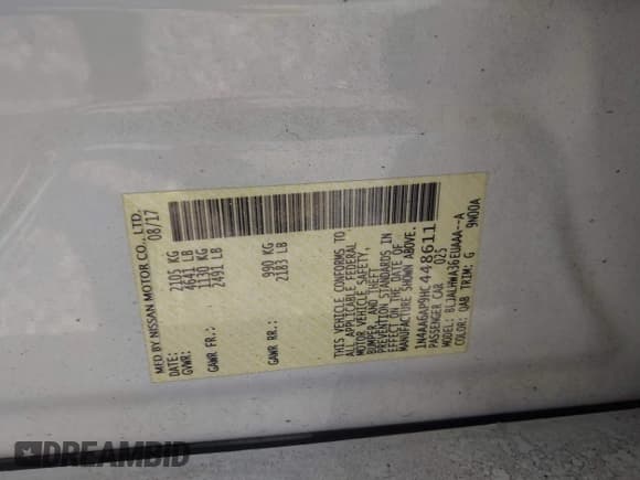 ✅ 2017 Nissan Maxima S • VIN: 1N4AA6AP9HC448611 • Lot: 42553991. Listed on IAAI with 155,803 mi. Free auction sales archive from the USA and detailed vehicle history report at DreamBid. Image 9.