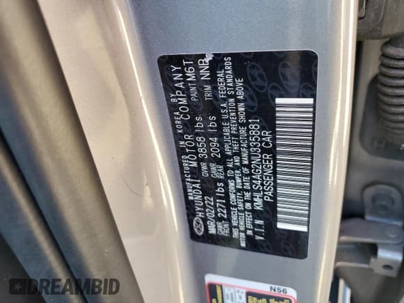 ✅ 2022 Hyundai Elantra SEL • VIN: KMHLS4AG2NU335881 • Lot: 86608375. Listed on Copart with 60,867 mi. Free auction sales archive from the USA and detailed vehicle history report at DreamBid. Image 13.