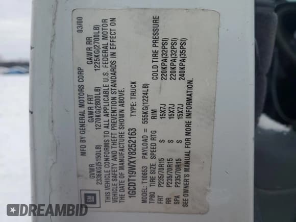 ✅ 2000 Chevrolet S-10 LS • VIN: 1GCDT19WXY8252163 • Лот: 41405495. Опубликован ранее на Copart с пробегом Не указан. Бесплатный доступ к архиву аукционных продаж из США и подробный отчёт об истории автомобиля на DreamBid. Изображение 15.