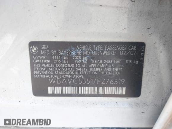 ✅ 2007 BMW 3 Series 328i • VIN: WBAVC53517FZ76519 • Лот: 42595027. Опубликован ранее на IAAI с пробегом Не указан. Бесплатный доступ к архиву аукционных продаж из США и подробный отчёт об истории автомобиля на DreamBid. Изображение 9.