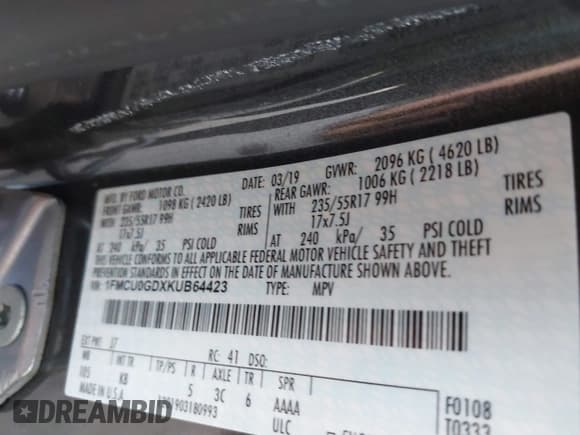 ✅ 2019 Ford Escape SE • VIN: 1FMCU0GDXKUB64423 • Lot: 43629993. Wystawiony na IAAI z przebiegiem 116 858 mil. Bezpłatny archiwum sprzedaży aukcyjnych z USA i szczegółowy raport historii pojazdu na DreamBid. Zdjęcie 9.