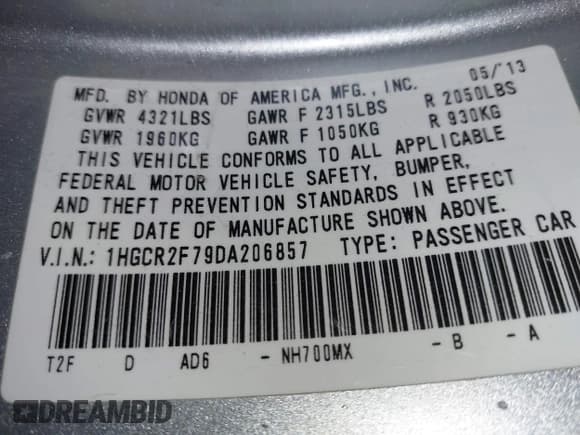 ✅ 2013 Honda Accord EX • VIN: 1HGCR2F79DA206857 • Lot: 43589869. Listed on IAAI with 281,879 mi. Free auction sales archive from the USA and detailed vehicle history report at DreamBid. Image 9.