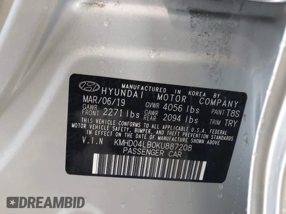 ✅ 2019 Hyundai Elantra Sport • VIN: KMHD04LB0KU887208 • Lot: 42259299. Listed on IAAI with 104,142 mi. Free auction sales archive from the USA and detailed vehicle history report at DreamBid. Image 9.