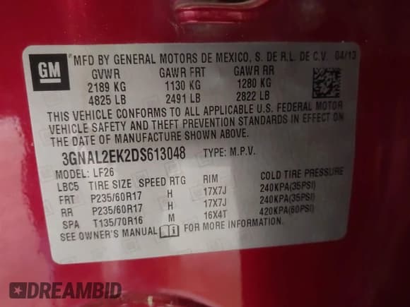 ✅ 2013 Chevrolet Captiva Sport LS • VIN: 3GNAL2EK2DS613048 • Lot: 42315150. Wystawiony na IAAI z przebiegiem 126 059 mil. Bezpłatny archiwum sprzedaży aukcyjnych z USA i szczegółowy raport historii pojazdu na DreamBid. Zdjęcie 9.