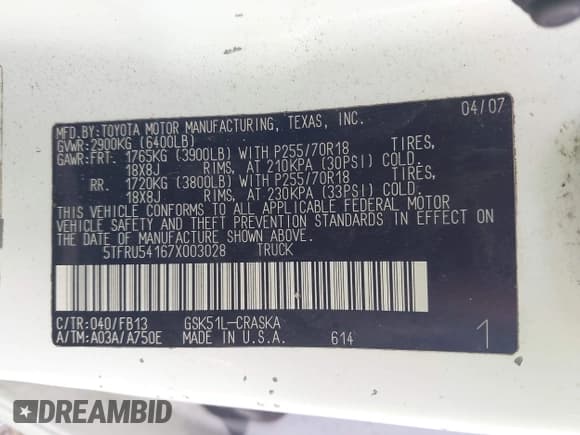 ✅ 2007 Toyota Tundra SR5 • VIN: 5TFRU54167X003028 • Lot: 42733613. Wystawiony na IAAI z przebiegiem 189 783 mil. Bezpłatny archiwum sprzedaży aukcyjnych z USA i szczegółowy raport historii pojazdu na DreamBid. Zdjęcie 9.