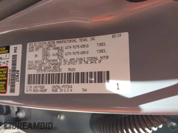 ✅ 2019 Toyota Tundra SR5 • VIN: 5TFDY5F1XKX838103 • Lot: 42817011. Listed on IAAI with Not provided. Free auction sales archive from the USA and detailed vehicle history report at DreamBid. Image 9.