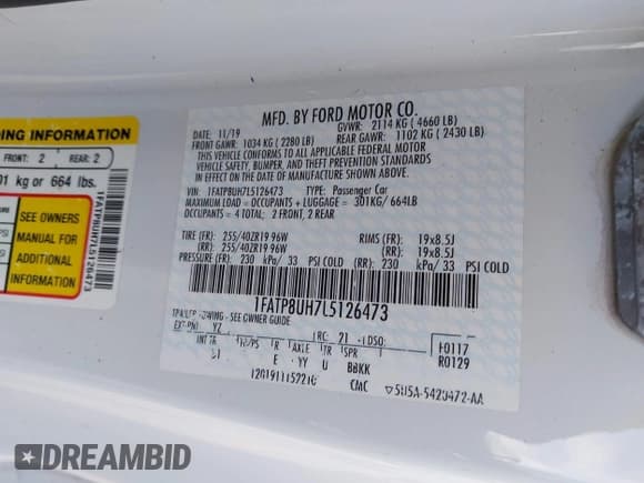 ✅ 2020 Ford Mustang EcoBoost Premium • VIN: 1FATP8UH7L5126473 • Lot: 43405791. Wystawiony na IAAI z przebiegiem 55 771 mil. Bezpłatny archiwum sprzedaży aukcyjnych z USA i szczegółowy raport historii pojazdu na DreamBid. Zdjęcie 9.