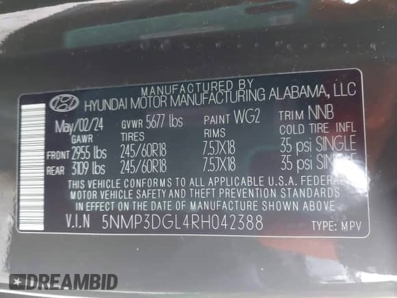 2024 Hyundai Santa Fe XRT с VIN 5NMP3DGL4RH042388, выставлен на аукционе IAAI как лот 41469428 с пробегом 4 113 миль миль и . История ставок и продаж доступна на DreamBid. Изображение 9.