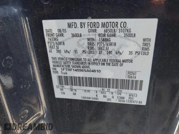 ✅ 2006 Ford F-150 XL • VIN: 1FTRF14556NA04610 • Lot: 42785845. Listed on IAAI with 73,854 mi. Free auction sales archive from the USA and detailed vehicle history report at DreamBid. Image 9.