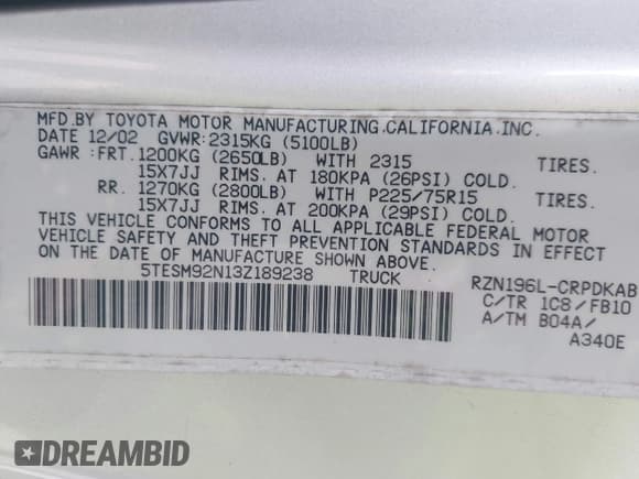 ✅ 2003 Toyota Tacoma PreRunner • VIN: 5TESM92N13Z189238 • Lot: 43584244. Listed on IAAI with 164,479 mi. Free auction sales archive from the USA and detailed vehicle history report at DreamBid. Image 9.
