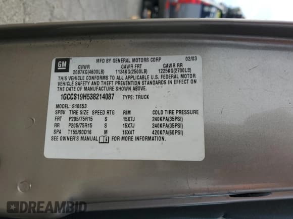 ✅ 2003 Chevrolet S-10 • VIN: 1GCCS19H538214087 • Lot: 78851924. Wystawiony na Copart z przebiegiem Nie podano. Bezpłatny archiwum sprzedaży aukcyjnych z USA i szczegółowy raport historii pojazdu na DreamBid. Zdjęcie 12.