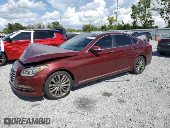 2015 Hyundai Genesis 5.0L z VIN KMHGN4JF2FU035923, wystawiony jako Copart lot #62213615 z przebiegiem 76 156 mil mil oraz Szkoda całkowita • Salvage title. Historia ofert i sprzedaży dostępna na DreamBid. Obrazek 1.